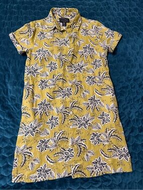 Tahari Green Olive Floral Button Down Short Sleeve 100% Linen XS Dress
